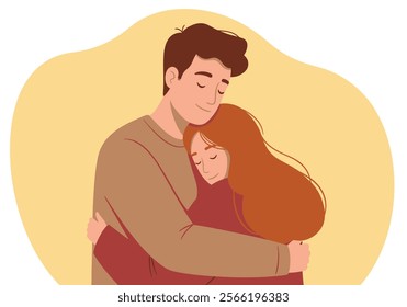 A couple embraces tenderly, symbolizing love and intimacy in romantic relationships. This flat vector illustration captures two enamored lovers in a heartfelt cuddle, expressing deep emotions