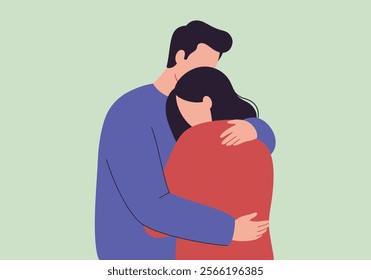 A couple embraces tenderly, symbolizing love and intimacy in romantic relationships. This flat vector illustration captures two enamored lovers in a heartfelt cuddle, expressing deep emotions