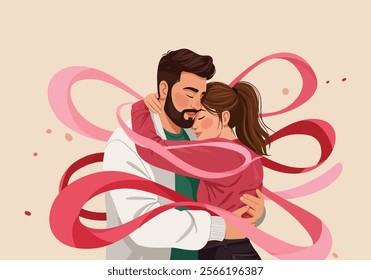 A couple embraces tenderly, symbolizing love and intimacy in romantic relationships. This flat vector illustration captures two enamored lovers in a heartfelt cuddle, expressing deep emotions