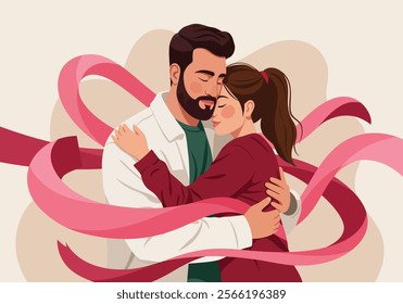 A couple embraces tenderly, symbolizing love and intimacy in romantic relationships. This flat vector illustration captures two enamored lovers in a heartfelt cuddle, expressing deep emotions