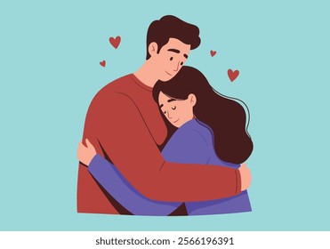 A couple embraces tenderly, symbolizing love and intimacy in romantic relationships. This flat vector illustration captures two enamored lovers in a heartfelt cuddle, expressing deep emotions