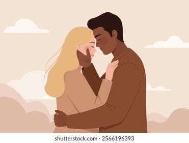 A couple embraces tenderly, symbolizing love and intimacy in romantic relationships. This flat vector illustration captures two enamored lovers in a heartfelt cuddle, expressing deep emotions