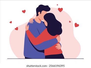 A couple embraces tenderly, symbolizing love and intimacy in romantic relationships. This flat vector illustration captures two enamored lovers in a heartfelt cuddle, expressing deep emotions