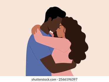 A couple embraces tenderly, symbolizing love and intimacy in romantic relationships. This flat vector illustration captures two enamored lovers in a heartfelt cuddle, expressing deep emotions