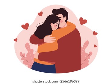 A couple embraces tenderly, symbolizing love and intimacy in romantic relationships. This flat vector illustration captures two enamored lovers in a heartfelt cuddle, expressing deep emotions