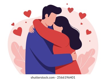 A couple embraces tenderly, symbolizing love and intimacy in romantic relationships. This flat vector illustration captures two enamored lovers in a heartfelt cuddle, expressing deep emotions