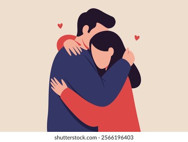 A couple embraces tenderly, symbolizing love and intimacy in romantic relationships. This flat vector illustration captures two enamored lovers in a heartfelt cuddle, expressing deep emotions