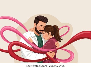 A couple embraces tenderly, symbolizing love and intimacy in romantic relationships. This flat vector illustration captures two enamored lovers in a heartfelt cuddle, expressing deep emotions