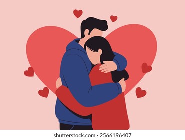 A couple embraces tenderly, symbolizing love and intimacy in romantic relationships. This flat vector illustration captures two enamored lovers in a heartfelt cuddle, expressing deep emotions