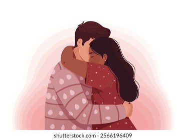 A couple embraces tenderly, symbolizing love and intimacy in romantic relationships. This flat vector illustration captures two enamored lovers in a heartfelt cuddle, expressing deep emotions