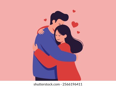 A couple embraces tenderly, symbolizing love and intimacy in romantic relationships. This flat vector illustration captures two enamored lovers in a heartfelt cuddle, expressing deep emotions