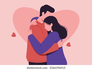 A couple embraces tenderly, symbolizing love and intimacy in romantic relationships. This flat vector illustration captures two enamored lovers in a heartfelt cuddle, expressing deep emotions