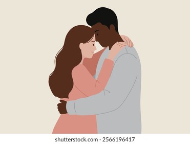 A couple embraces tenderly, symbolizing love and intimacy in romantic relationships. This flat vector illustration captures two enamored lovers in a heartfelt cuddle, expressing deep emotions