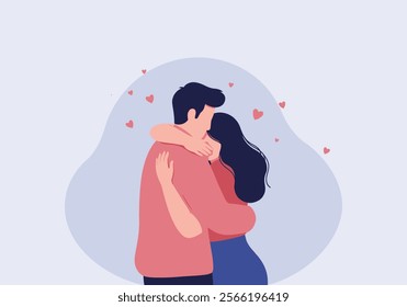 A couple embraces tenderly, symbolizing love and intimacy in romantic relationships. This flat vector illustration captures two enamored lovers in a heartfelt cuddle, expressing deep emotions