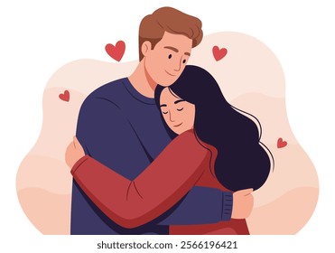 A couple embraces tenderly, symbolizing love and intimacy in romantic relationships. This flat vector illustration captures two enamored lovers in a heartfelt cuddle, expressing deep emotions