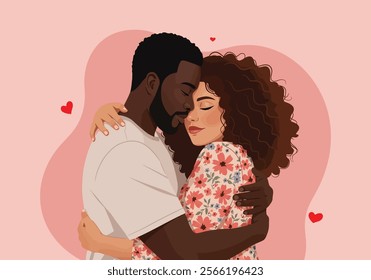 A couple embraces tenderly, symbolizing love and intimacy in romantic relationships. This flat vector illustration captures two enamored lovers in a heartfelt cuddle, expressing deep emotions