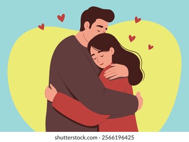 A couple embraces tenderly, symbolizing love and intimacy in romantic relationships. This flat vector illustration captures two enamored lovers in a heartfelt cuddle, expressing deep emotions