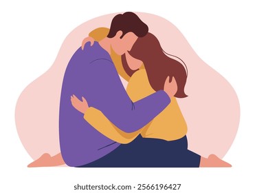 A couple embraces tenderly, symbolizing love and intimacy in romantic relationships. This flat vector illustration captures two enamored lovers in a heartfelt cuddle, expressing deep emotions