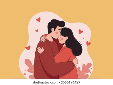 A couple embraces tenderly, symbolizing love and intimacy in romantic relationships. This flat vector illustration captures two enamored lovers in a heartfelt cuddle, expressing deep emotions