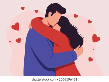 A couple embraces tenderly, symbolizing love and intimacy in romantic relationships. This flat vector illustration captures two enamored lovers in a heartfelt cuddle, expressing deep emotions