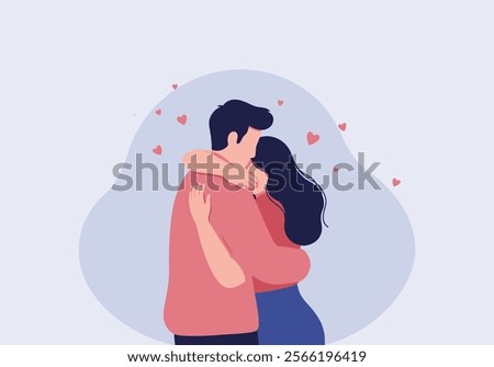 A couple embraces tenderly, symbolizing love and intimacy in romantic relationships. This flat vector illustration captures two enamored lovers in a heartfelt cuddle, expressing deep emotions