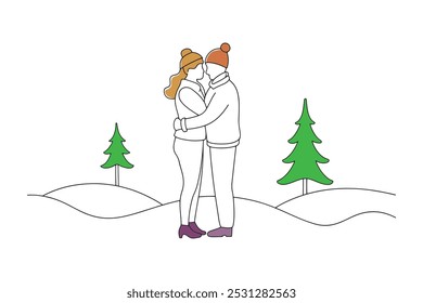 Couple embraces warmly in the snow, surrounded by snow-covered trees in a serene winter landscape line art flat vector illustration