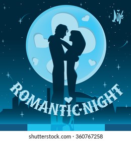 Couple embracing against the backdrop of the moon - romantic night concept. Vector illustration