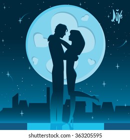 Couple embracing against the backdrop of the moon - dating concept. Vector illustration