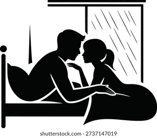Couple Embracing in Bed on a Rainy Day, Silhouette Illustration, Intimate Moment