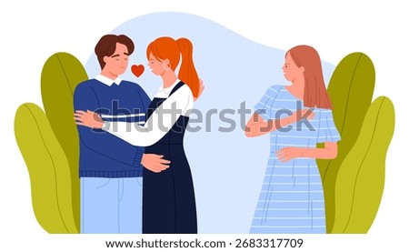 Couple embracing with heart symbol while another woman looks on with envy, expressing jealousy and romantic rivalry in relationships, isolated on white background vector illustration