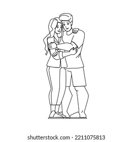 couple embracing line pencil drawing vector. woman man love, happy hug, romantic home, young smile together couple embracing character. people Illustration