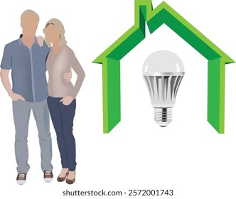 Couple embracing near green house frame with led light bulb promoting energy efficiency and sustainable living