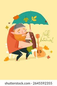 Couple embracing on bench and drink coffee under umbrella. Vector illustration