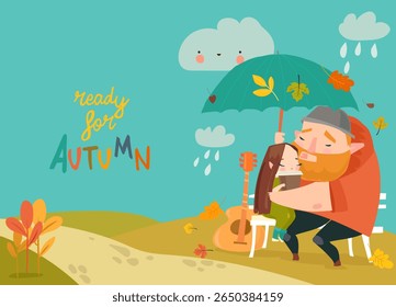 Couple embracing on bench and drink coffee under umbrella. Vector illustration