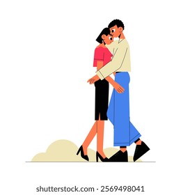 Couple Embracing Outdoors In Flat Vector Illustration Symbolizing Love, Romance, And Togetherness, Isolated On White Background.