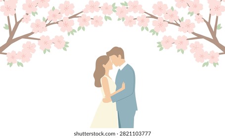 Couple embracing romantically under a pair of cherry blossom trees with falling pink flower petals on a white background.