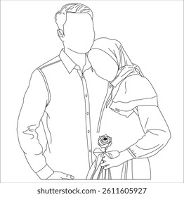 Couple Embracing with a Rose A Romantic Line Art Illustration