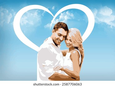 Couple embracing under a heart-shaped symbol against a cloudy blue sky, expressing love and togetherness. Hand drawn Illustration