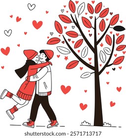 Couple embracing under a tree decorated with hearts, a heartwarming Valentine's Day scene.