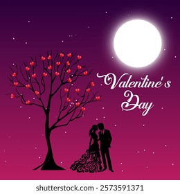 A couple embracing under a tree with heart shaped leaves A full moon and twinkling stars set a romantic scene Valentine's Day text completes the festive vibe