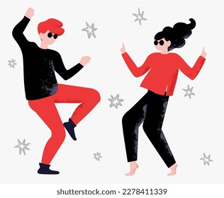 Couple of energetic and cheerful man and woman having fun and dancing. Flat color faceless characters. Woman, man disco cartoon illustration. Colored flat vector illustration isolated on white