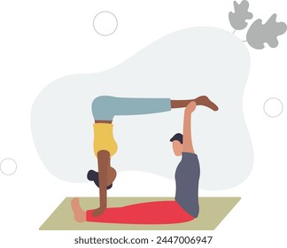 Couple Engage In Acro Yoga, Intertwining Their Bodies In Graceful Poses.flat vector illustration.