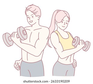 Um casal se envolveu em um treino de fitness, levantando halteres e promovendo saúde, trabalho em equipe e dedicação compartilhada
