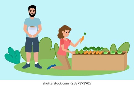 Couple engaged in sustainable gardening, harvesting fresh vegetables. Emphasizing eco-friendly lifestyles and self-sufficiency in urban settings