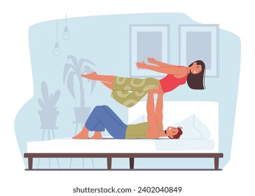 Couple Engages In Acro Yoga Poses In Mesmerizing Display Of Balance And Trust, Creating A Harmonious Fusion Of Strength And Grace, Forming Captivating Human Sculptures In Mid-air. Vector Illustration