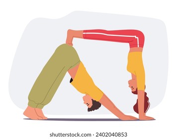 Couple Engages In Acro Yoga Poses In Graceful Harmony, Forming A Captivating Blend Of Strength And Trust, Characters Creating A Mesmerizing Display Of Balance And Connection. Vector Illustration
