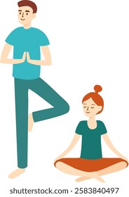 Couple engaging in yoga practice together, meditating and performing tree pose, enhancing mindfulness, relaxation, and overall physical well being while fostering harmony and connection