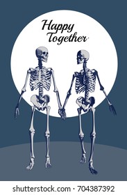 A couple of engraving skeleton in holding hand action illustration on blue color tone with moon space background