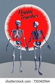 A couple of engraving skeleton in holding hand action illustration on blue color tone with red moon half tone space background