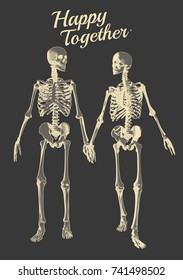 A couple of engraving skeleton in holding hand action with negative illustration isolated on gray background